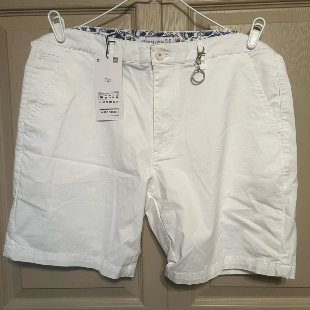 Denim & Flower White Flat Front Shorts